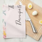 ピンクとグリーンのフローラ縁ど キッチンタオル (四つ折り)