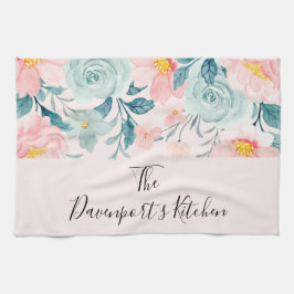 ピンクとグリーンのフローラ縁ど キッチンタオル