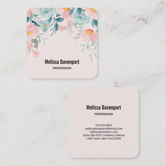 ピンクとグリーンのフローラ縁ど スクエア名刺 (正面/裏面)