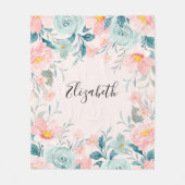 ピンクとグリーンのフローラ縁ど フリースブランケット (正面)