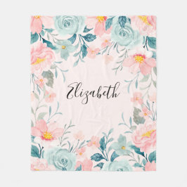 ピンクとグリーンのフローラ縁ど フリースブランケット