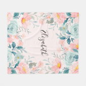 ピンクとグリーンのフローラ縁ど フリースブランケット (正面(横))