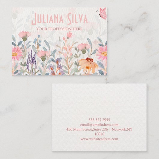 ピンクとグリーンのフローラ蝶 名刺 (正面/裏面)