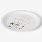 ピンクとグリーンのフローラ誕生日 ペーパープレート (アングル)