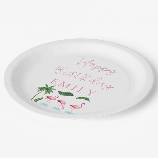 ピンクとグリーンのフローラ誕生日 ペーパープレート (アングル)