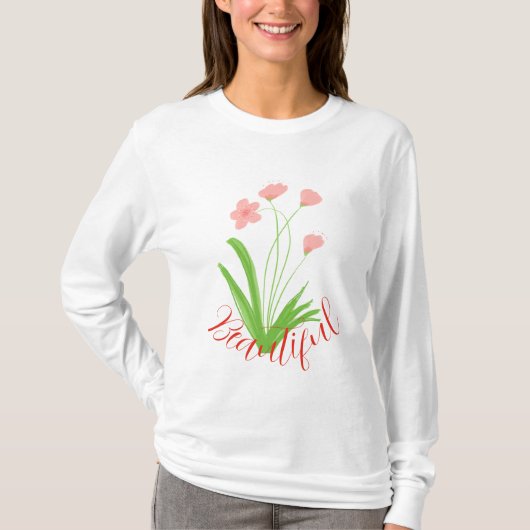 ピンクとグリーンのフローラ Tシャツ (正面)