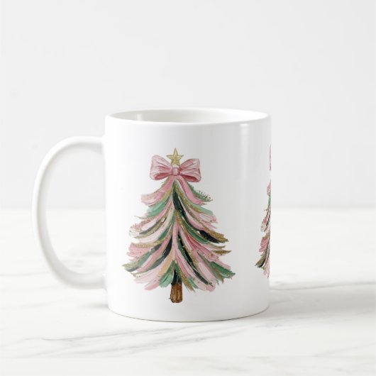 ピンクとグリーンのブラシストローク クリスマスツリーマグカップ コーヒーマグカップ (左)