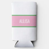 ピンクとグリーンのプレッピーなストライプのブライズメイド スリム缶クーラー (正面)