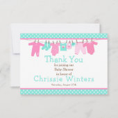 ピンクとグリーンのベビーライン赤ちゃんシャワーポスター サンキューカード (正面)