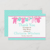 ピンクとグリーンのベビーライン赤ちゃんシャワーポスター サンキューカード (正面/裏面)