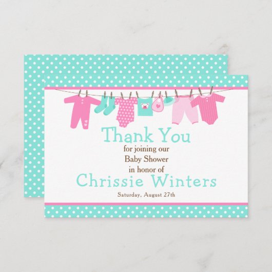 ピンクとグリーンのベビーライン赤ちゃんシャワーポスター サンキューカード (正面/裏面)