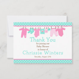 ピンクとグリーンのベビーライン赤ちゃんシャワーポスター サンキューカード