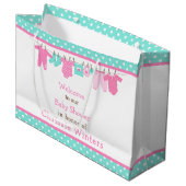 ピンクとグリーンのベビーライン赤ちゃんシャワーポスター ラージペーパーバッグ (正面アングル)