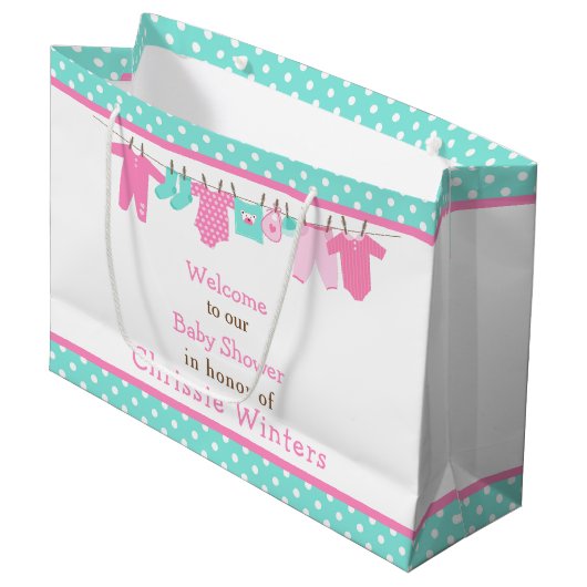 ピンクとグリーンのベビーライン赤ちゃんシャワーポスター ラージペーパーバッグ (正面アングル)
