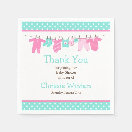 ピンクとグリーンのベビーライン赤ちゃんシャワー スタンダードカクテルナプキン (正面)