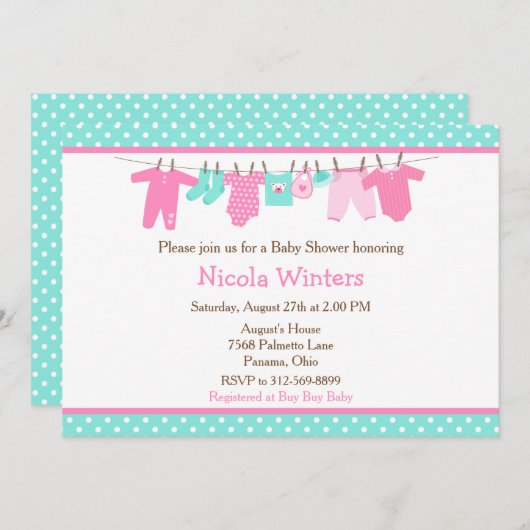 ピンクとグリーンのベビーライン赤ちゃんシャワー 招待状 (正面/裏面)