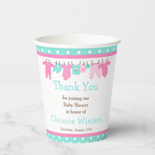 ピンクとグリーンのベビーライン赤ちゃんシャワー 紙コップ (正面)