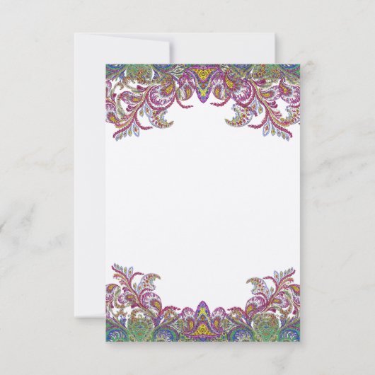 ピンクとグリーンのペイズリー孔雀の結婚式 セーブザデート (裏面)