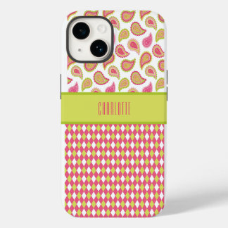ピンクとグリーンのペイズリー柄アーガイル模様のスマホケース iPhone 14ケース