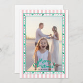 ピンクとグリーンのホリーリーフボーダー ファミリーフォト シーズンカード (正面/裏面)