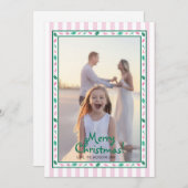 ピンクとグリーンのホリーリーフボーダー ファミリーフォト シーズンカード (正面/裏面)