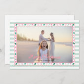 ピンクとグリーンのホリーリーフボーダー ファミリーフォト シーズンカード (正面/裏面)