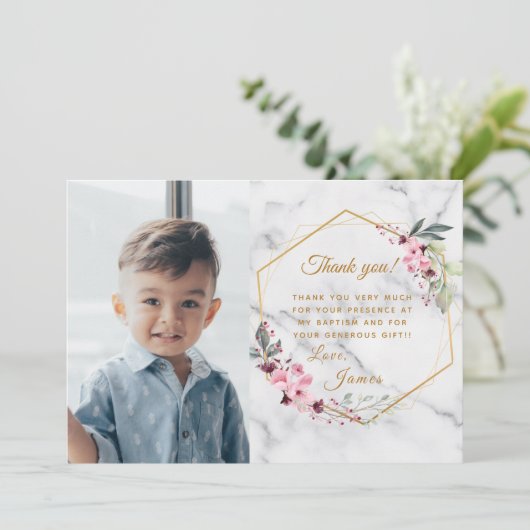 ピンクとグリーンのミニマリスト ホワイト大理石 サンキューカード (スタンド正面)