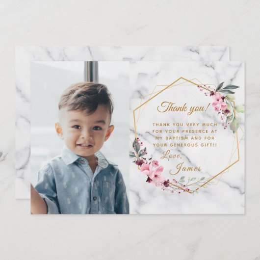 ピンクとグリーンのミニマリスト ホワイト大理石 サンキューカード (正面/裏面)