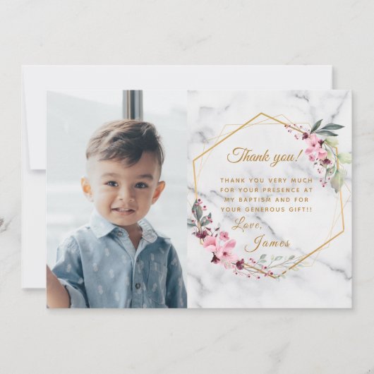 ピンクとグリーンのミニマルな白大理石 サンキューカード (正面)