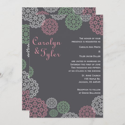ピンクとグリーンのモダンフローラ結婚式招待状 招待状 (正面/裏面)
