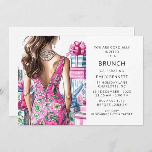 ピンクとグリーンのモダンブライダルシャワー 招待状 (正面/裏面)