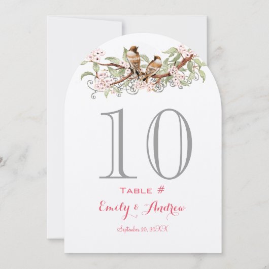 ピンクとグリーンのラブバードの結婚式テーブルナンバーカード 招待状 (正面)