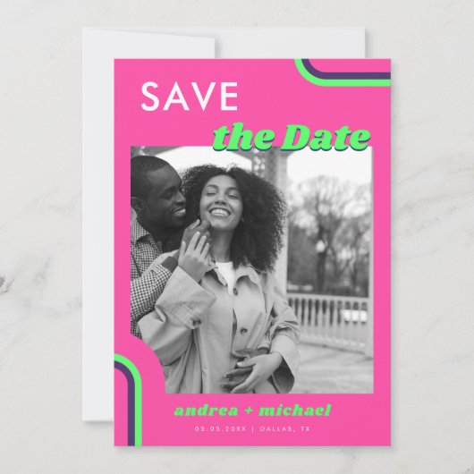 ピンクとグリーンのレトロな虹のウェディング セーブザデート (正面)