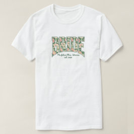 ピンクとグリーンのレトロフラワーユニバーシティスタイルのBRIDE Tシャツ