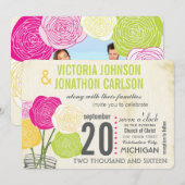 ピンクとグリーンのローズ 写真 タイポグラフィ 招待状 (正面/裏面)