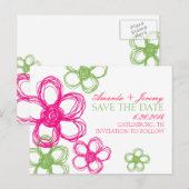 ピンクとグリーンのワイルドフラワー　結婚式のご案内 案内ポストカード (正面/裏面)