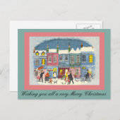 ピンクとグリーンのヴィンテージクリスマスタウンシーン シーズンポストカード (正面/裏面)