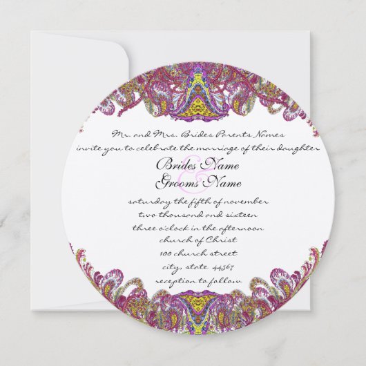 ピンクとグリーンのヴィンテージペイズリー結婚式招待状 招待状 (正面)