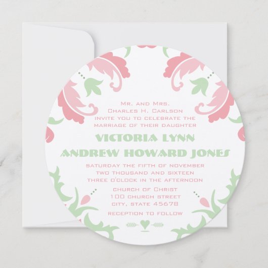 ピンクとグリーンのヴィンテージモダンダマスクの結婚式 招待状 (正面)