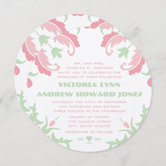 ピンクとグリーンのヴィンテージモダンダマスクの結婚式 招待状 (正面/裏面)