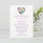 ピンクとグリーンの夏のフローラ結婚ハート 招待状 (スタンド正面)