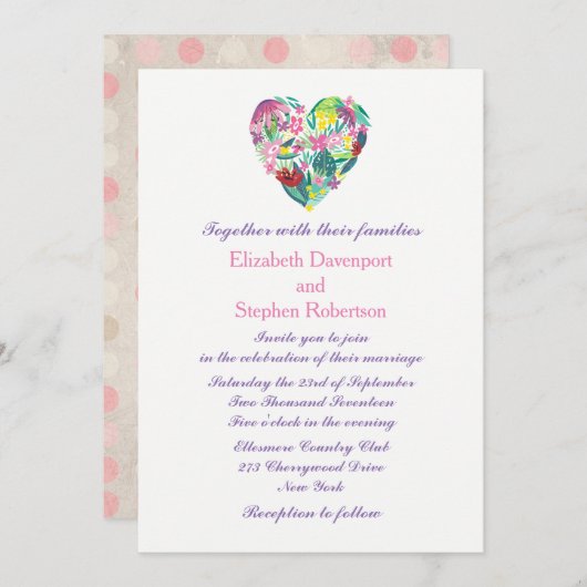 ピンクとグリーンの夏のフローラ結婚ハート 招待状 (正面/裏面)