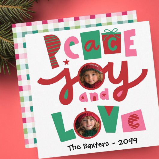 ピンクとグリーンの平和と愛のホリデーグリーティングカード シーズンカード