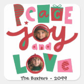 ピンクとグリーンの平和と愛のホリデーグリーティングカード スクエアシール (正面)