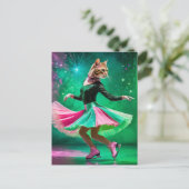 ピンクとグリーンの愛らしい氷のスケートで滑る猫 ポストカード (スタンド正面)