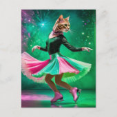 ピンクとグリーンの愛らしい氷のスケートで滑る猫 ポストカード (正面)