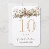 ピンクとグリーンの愛結婚鳥のテーブル番号カード 招待状 (正面)