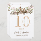 ピンクとグリーンの愛結婚鳥のテーブル番号カード 招待状 (正面/裏面)