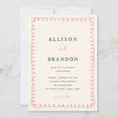 ピンクとグリーンの手カラフル引き結婚の写真 招待状 (正面)