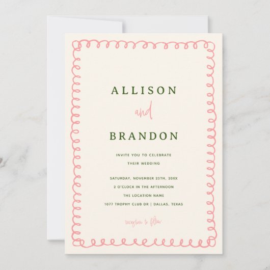 ピンクとグリーンの手カラフル引き結婚の写真 招待状 (正面)